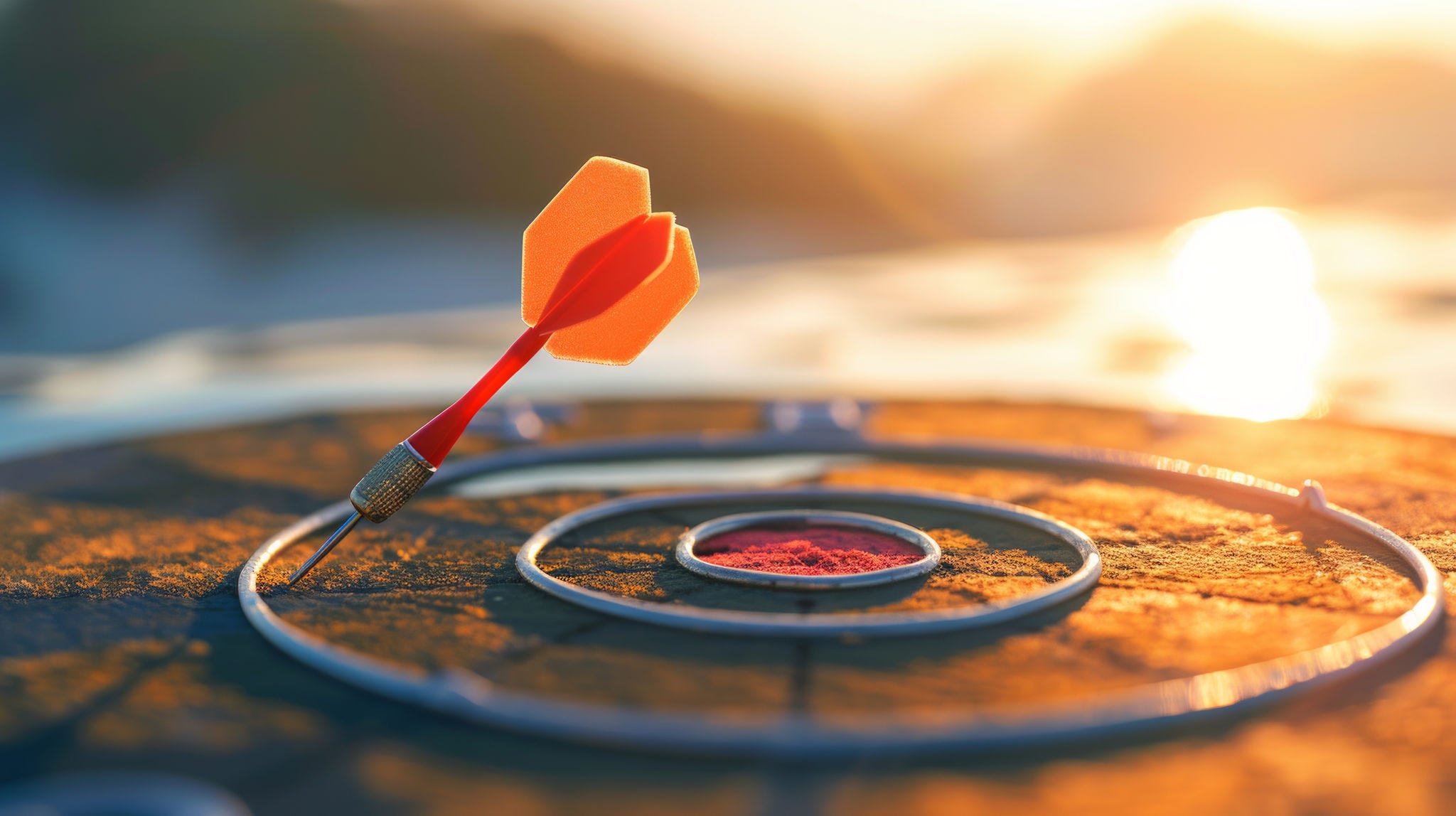 Close up red dart arrow hitting target center dartboard on sunset background. Business targeting and focus concept