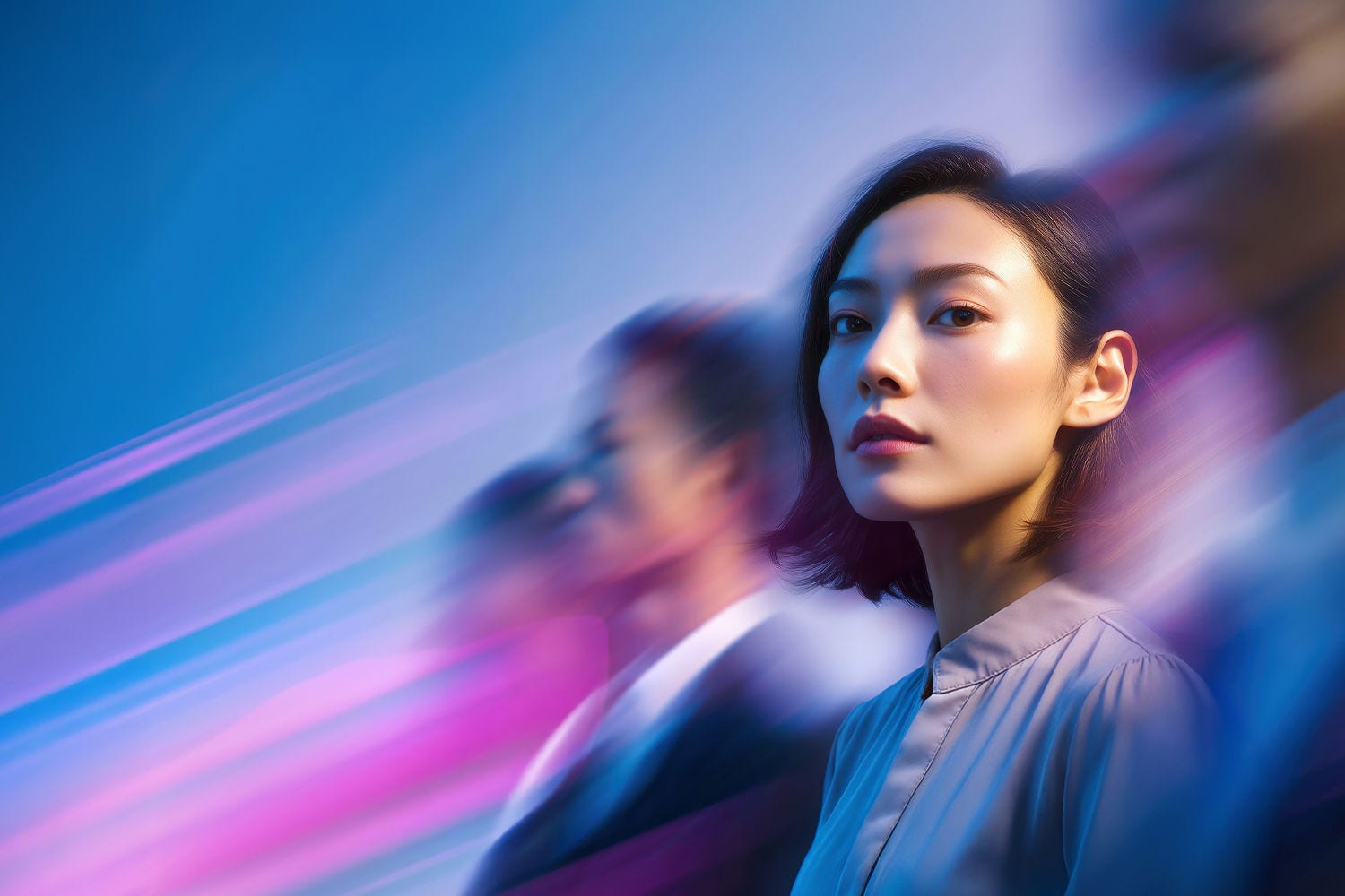 A professional woman in the foreground looks confidently at the camera while blurred figures move behind her against a blue and purple background.