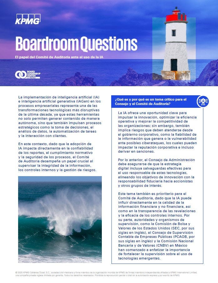 La adopción de inteligencia artificial (IA) y de inteligencia artificial generativa (IAGen) marca una de las transformaciones tecnológicas más disruptivas de la última década. Más allá de generar contenido de forma autónoma, estas herramientas redefinen la toma de decisiones, el análisis de datos, la automatización y la interacción con clientes.  Bajo este contexto, es crucial que el Comité de Auditoría asuma un rol estratégico al supervisar la confiabilidad de la información financiera, el cumplimiento regulatorio y la efectividad de los controles internos, garantizando así una gestión de riesgos sólida en un entorno empresarial cada vez más complejo. 