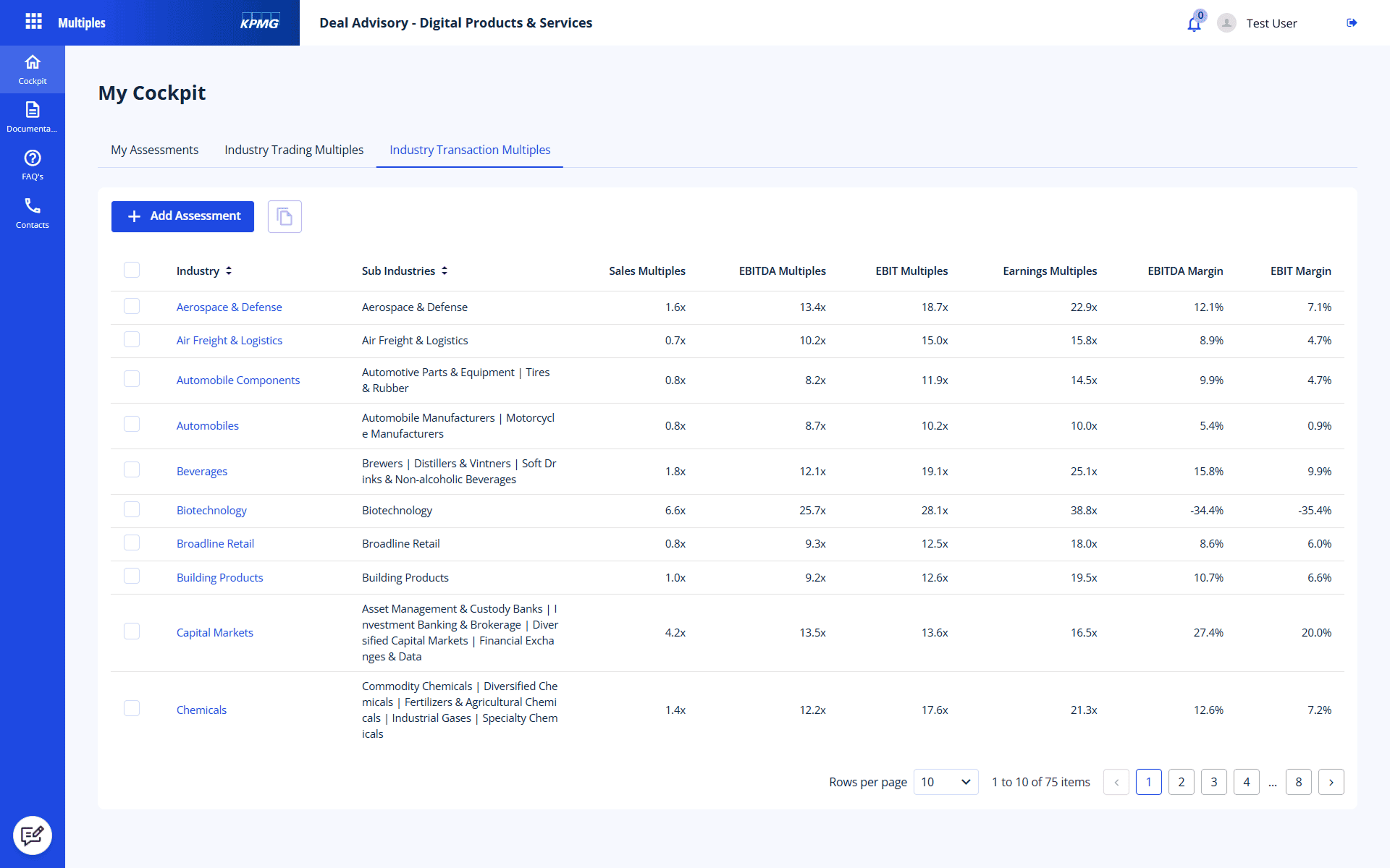 Option to select from predefined sector peer groups and transactions