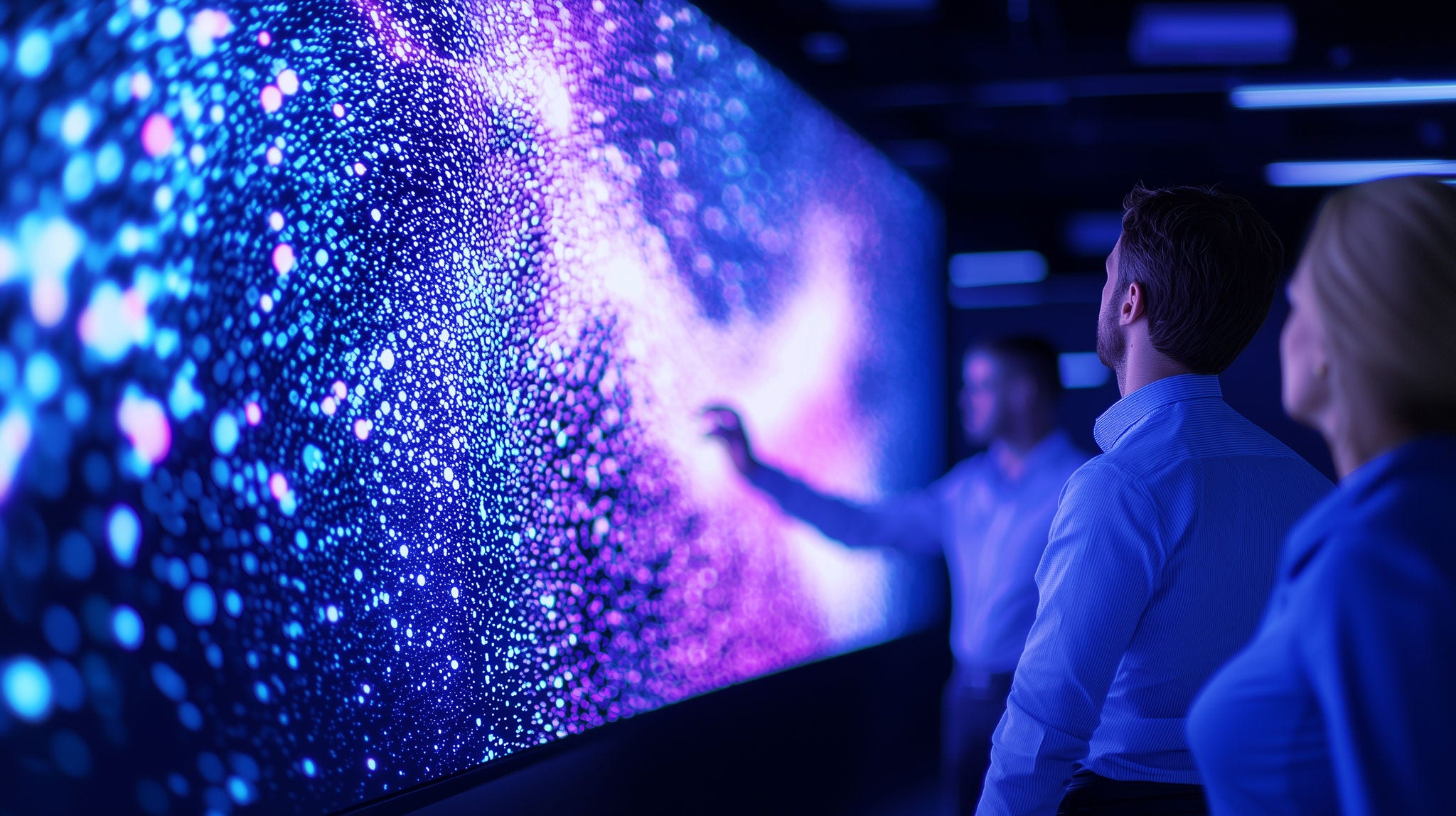 AI Researchers Analyzing Data in High-Tech Analytics Facility