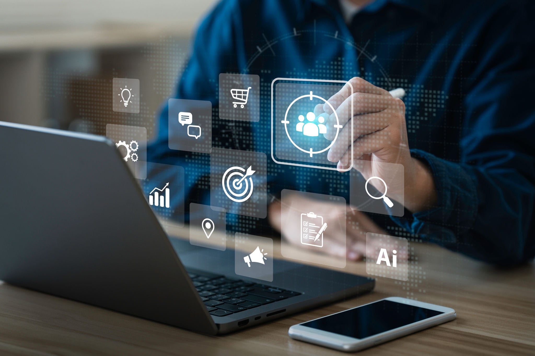 Businessman touching on screen to target customer. for buyer persona. customer behavior analysis concept. Marketing plan and strategies. Personalization marketing, customer-centric strategies.; Shutterstock ID 2410976959; purchase_order: 