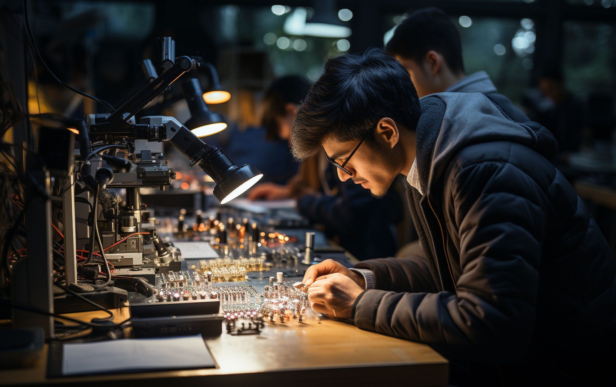 Young Indian Science Student Working at a University Workshop to Conduct an Electronics Experiment. Multicultural Young Scholar Using Microscope,
