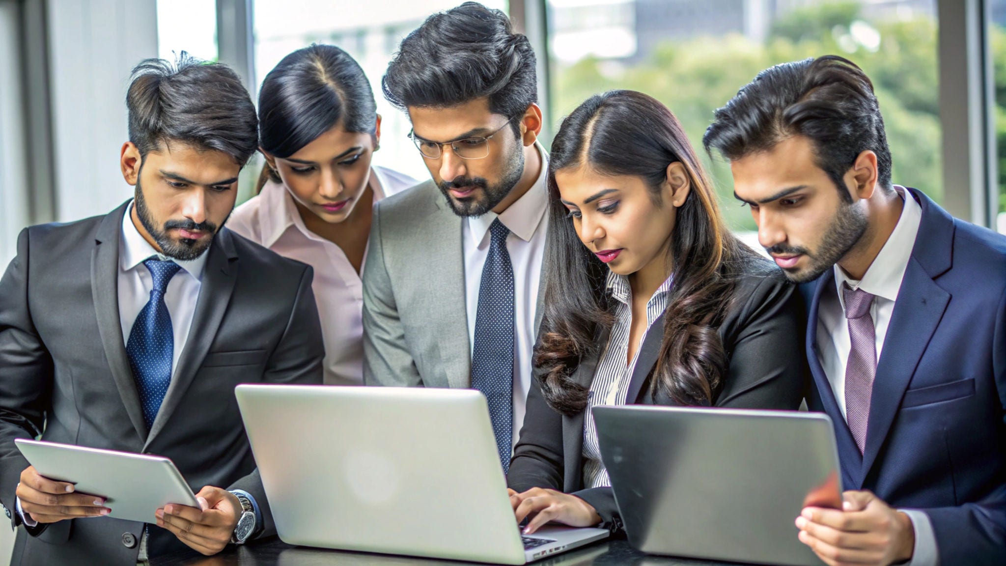 A group of young Indian businesspeople reviewing project progress on their laptops looking focused and determined.