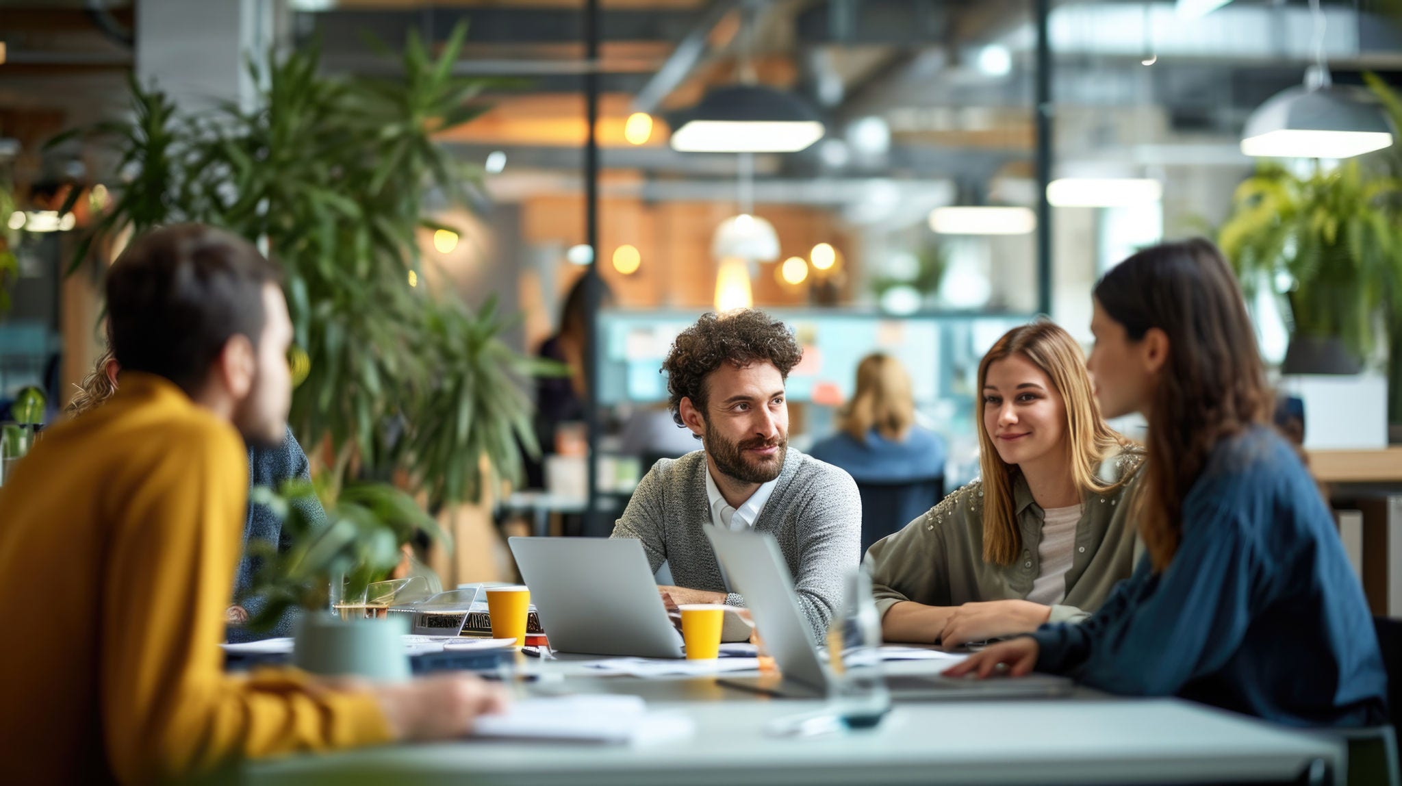 Engaging brainstorming session in progress within a vibrant, plant-adorned office space