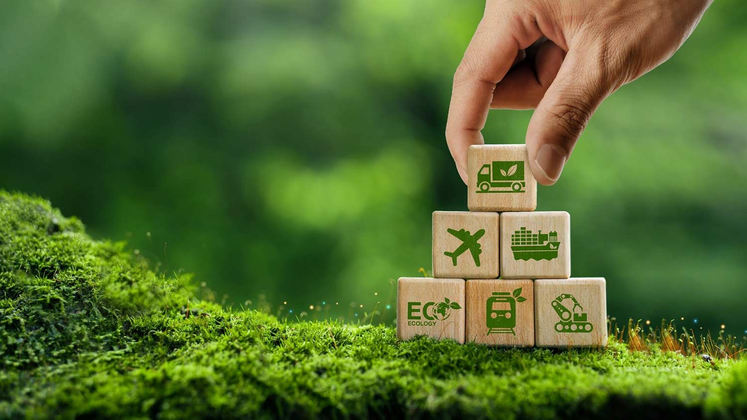 Sustainability icons on wooden blocks