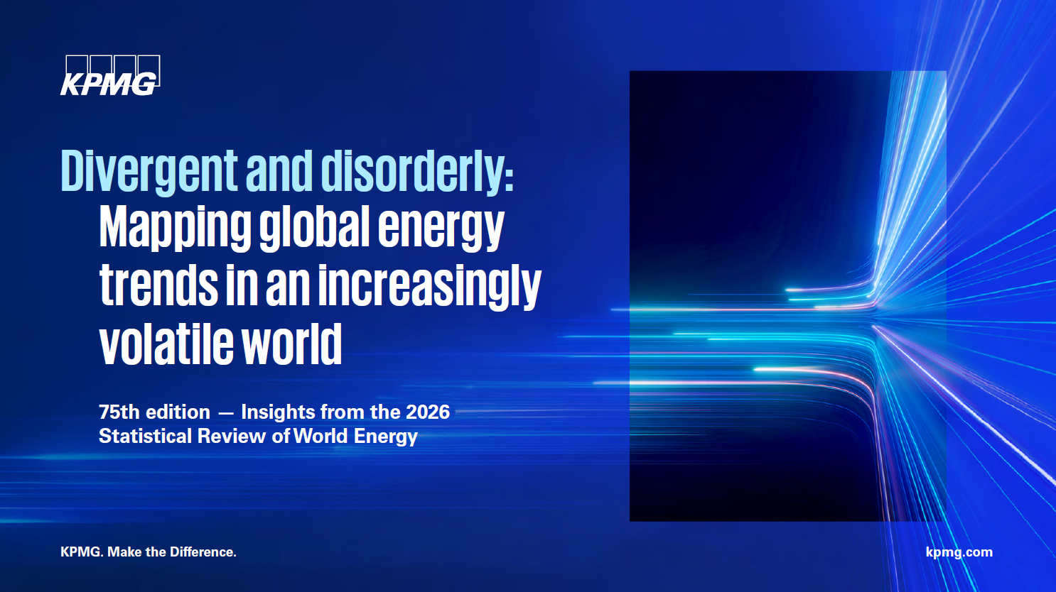 Blue slide titled ‘Divergent and disorderly: Mapping global energy trends…’ with abstract light lines and KPMG branding