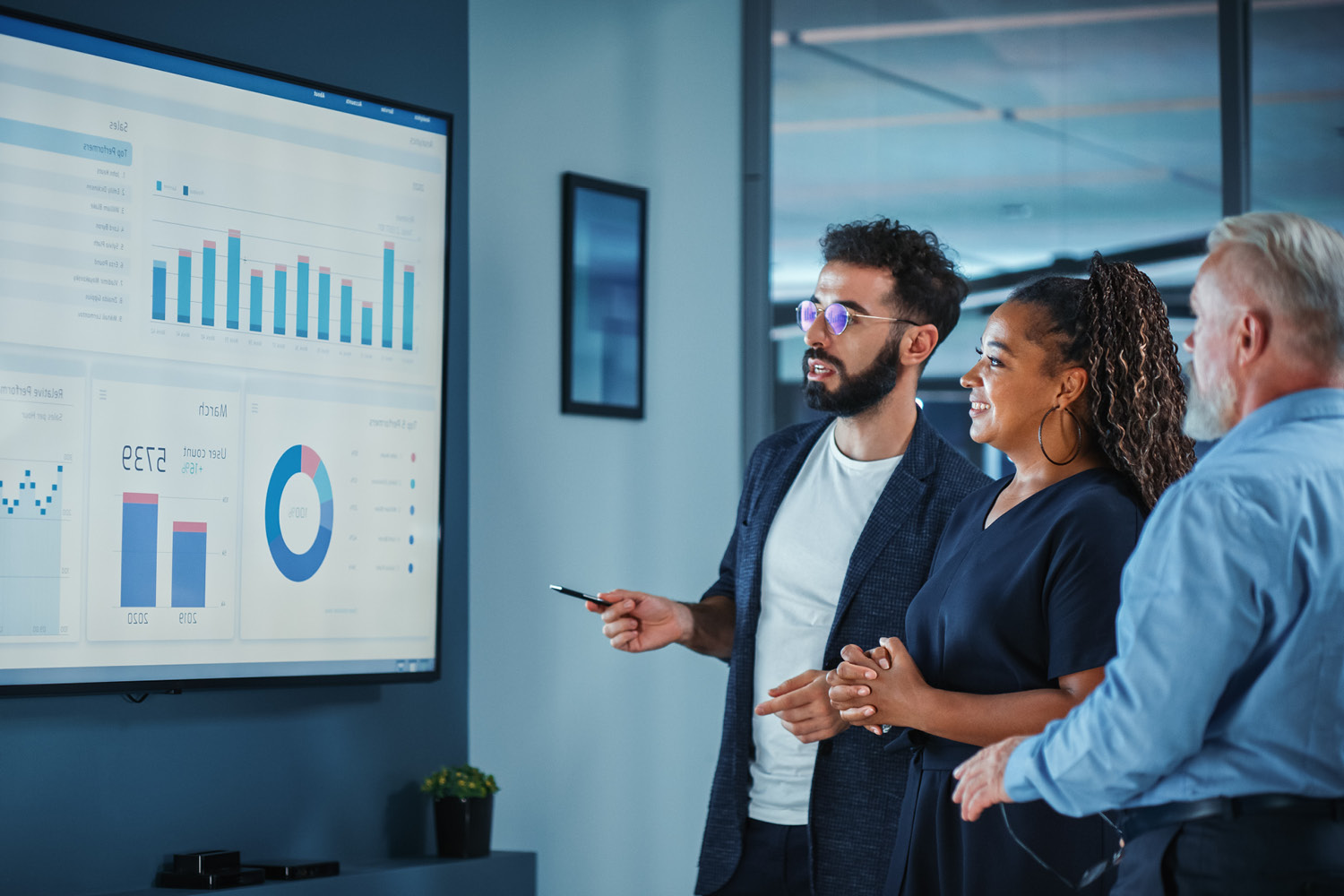 CFOs interacting in front of data screen