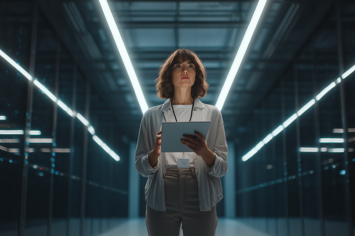 woman looking at tablet