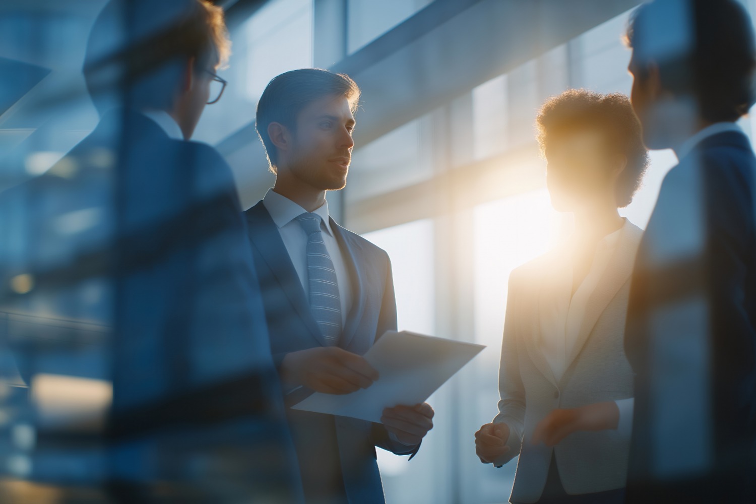 People in business attire in discussion, stood in front of office windows