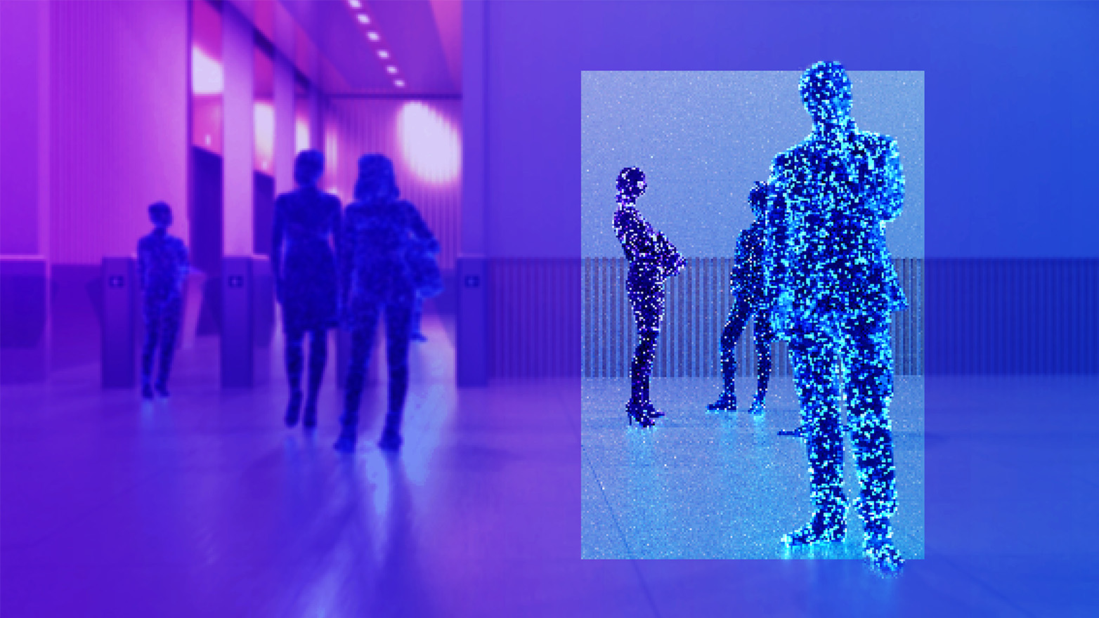 digital rendering of people standing in a hallway