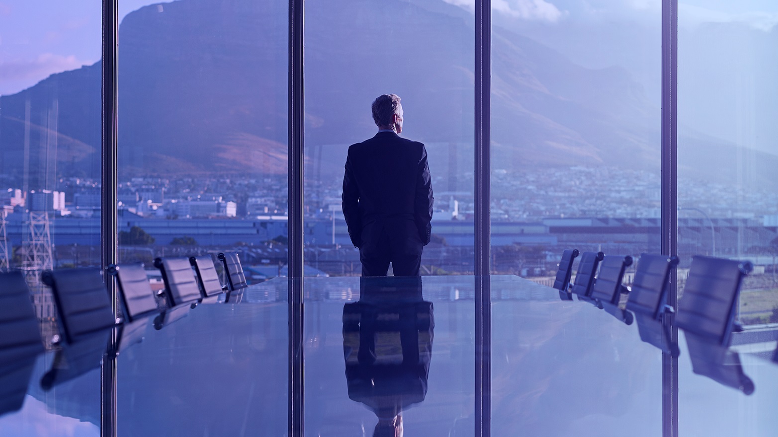 man looking at mountains from conference room window