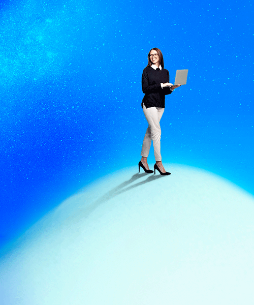 hero image of woman walking on top of cloud with a laptop