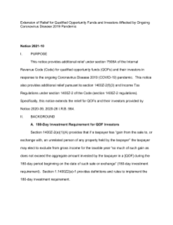 January 19, 2021 | IRS | Notice 2010-10 | Extension of Relief for Qualified Opportunity Funds and Investors Affected by Ongoing Coronavirus Disease 2019 Pandemic